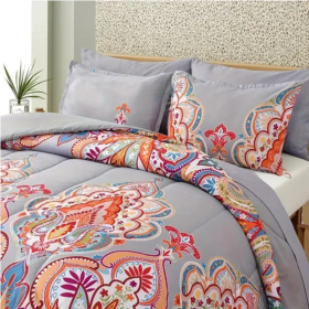 3 Piece King Comforter Set, Boho Pattern, Gray With Rainbow Floral