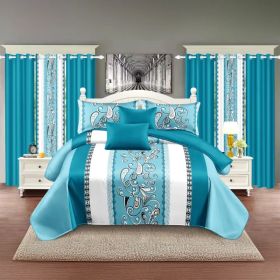 9-Piece Turquoise Paisley Bedding & Curtain Set (Queen/King/Cal King) - Quilted Microfiber Bedspread + Sheer Curtains (Option: blue/white stamen-QUEEN)