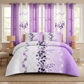 9-Piece Purple Floral Quilt and Curtain Set, Reversible Microfiber Bedspread with 2 Pillow Shams and 6 Window Curtains, Twin, Queen, King and Cal (Option: Queen)