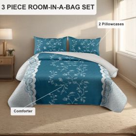 3-Piece Teal Lace Floral Bedding Set (Queen/King/Cal King) - Quilted Microfiber Quilt + Pillow Shams (Option: blue flower-KING)