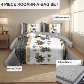 4 Piece Soft All-Season Washed Microfiber Cover Set , Queen/King/Calking Bedding Set With Zipper Closure, Sheet, Pillowcases,Print, Moisture-Wick (Option: grey/white flower-CAL KING)