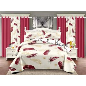 Quilted Bedspread & Curtain Set 9 Piece, Queen Size - Bedding Ensemble with Sheer Filtering Drapes, 1.6" Grommet Top, Machine Washable (Option: Red-King)