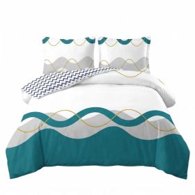 3 Piece Reversible Duvet Cover Set, Heavyweight High-GSM Microfiber Bedding With Zipper & 4 Corner Ties, US Designer Modern Teal Wave & Chevron G (Option: Modern Teal Wave & Chevron Geometric-Queen)