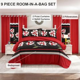 9-Piece Red & Black Floral Bedding & Curtain Set (Queen/King/Cal King) - Quilted Microfiber Bedspread + Sheer Curtains (Option: black/red flower-KING)