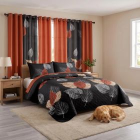 9-Piece Brown And Black Leaf Quilted Bedspread And Curtain Set, Microfiber Bed Cover With 2 Pillow Shams And 6 Window Curtain Panels, Twin XL, Qu (Option: Twin XL)