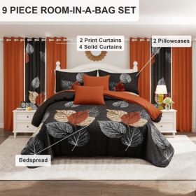 9 Piece Soft All-Season Washed Microfiber Cover Set , Queen/King/Calking Bedding Set With Pillowcases,Bedspread Print Curtains & Solid Curtains,P (Option: Brown/Black Leaf-CAL KING)