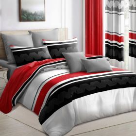 9-Piece Red & Geometric Zigzag Bedding & Curtain Set (Queen/King/Cal King) - Quilted Microfiber Bedspread + Sheer Curtains (Option: Red/Black Stripes-KING)
