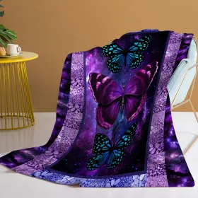 1pc Cozy Butterfly Printed Flannel Blanket - Soft, Warm, And Lightweight Throw For Couch, Sofa, Office, Bed, Camping, And Travel - Multi-Purpose (Option: 75x100cm-Purple)