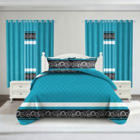 9-Piece Blue And Black Boho Quilted Bedspread Set With 6 Curtains And Pillowcases, Microfiber Bedroom Decor (Option: Cal King)