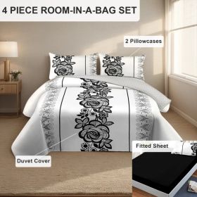4 Piece Soft All-Season Washed Microfiber Cover Set , Queen/King/Calking Bedding Set With Zipper Closure, Sheet, Pillowcases,Print, Moisture-Wick (Option: black/white boho flower-KING)