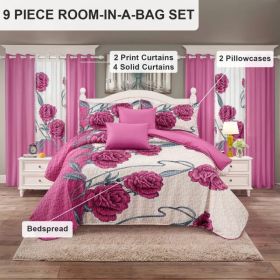 9-Piece Pink Rose Bedding & Curtain Set (Queen/King/Cal King) - Quilted Microfiber Bedspread + Sheer Curtains (Option: Pink/White Rose-QUEEN)