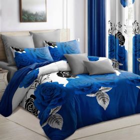 9-Piece Blue Rose Bedding & Curtain Set (Queen/King/Cal King) - Quilted Microfiber Bedspread + Sheer Curtains (Option: Blue Rose-KING)