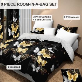 9-Piece Black & Gold Butterfly Bedding & Curtain Set (Queen/King/Cal King) - Quilted Microfiber Bedspread + Sheer Curtains (Option: black/gold butterfly-TWIN)