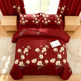 9-Piece Burgundy Red Floral Bedding & Curtain Combo Set, Elegant Wine Red Quilted Bedspread with 6 Light Filtering Window Panels & 2 Shams, Easy (Option: Burgundy Red with Elegant White Floral B-KING)